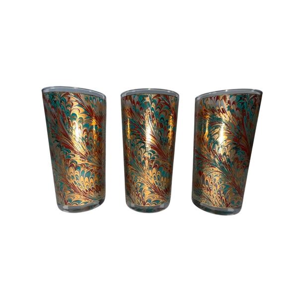 Vtg MCM Culver 12 Oz Marble Teal Double Highball Tumbler Glass 22K Gold Set 3 - Picture 2 of 8